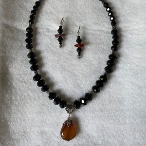 Amber & Black Crystal Necklace & Matching Earrings